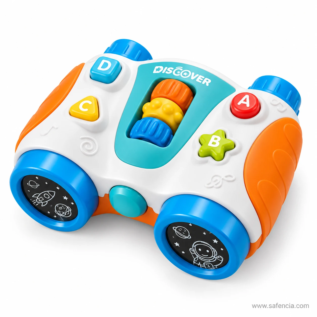 Blue and orange kids Discover binoculars toy showing astronaut and planet pictures on the lenses