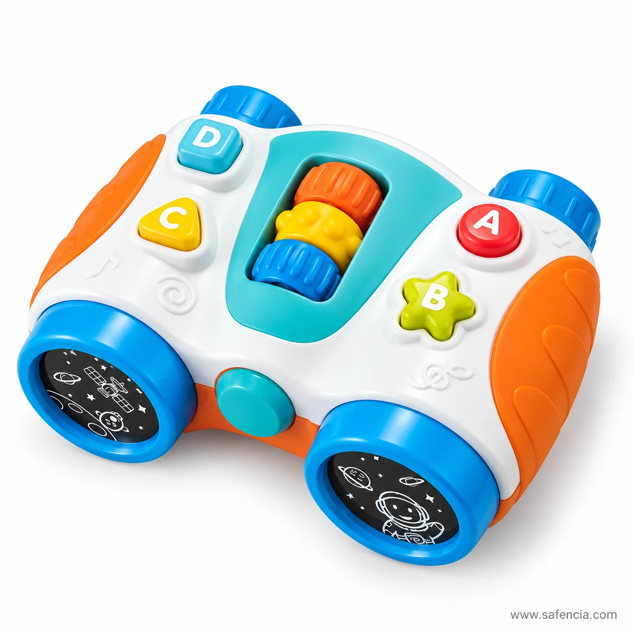 Kids Discover binoculars toy close angle on the star, triangle and square buttons and roller