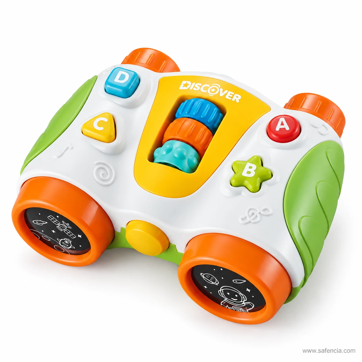 Orange and green kids Discover binoculars toy with A, B, C and D buttons and centre roller