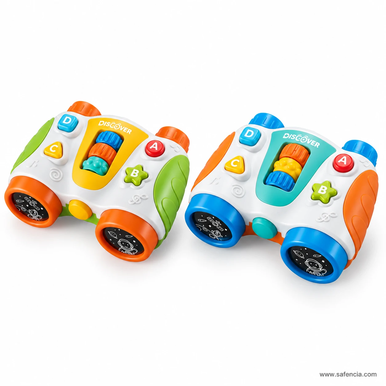 Two kids Discover binoculars toys side by side in orange-green and blue-orange colours