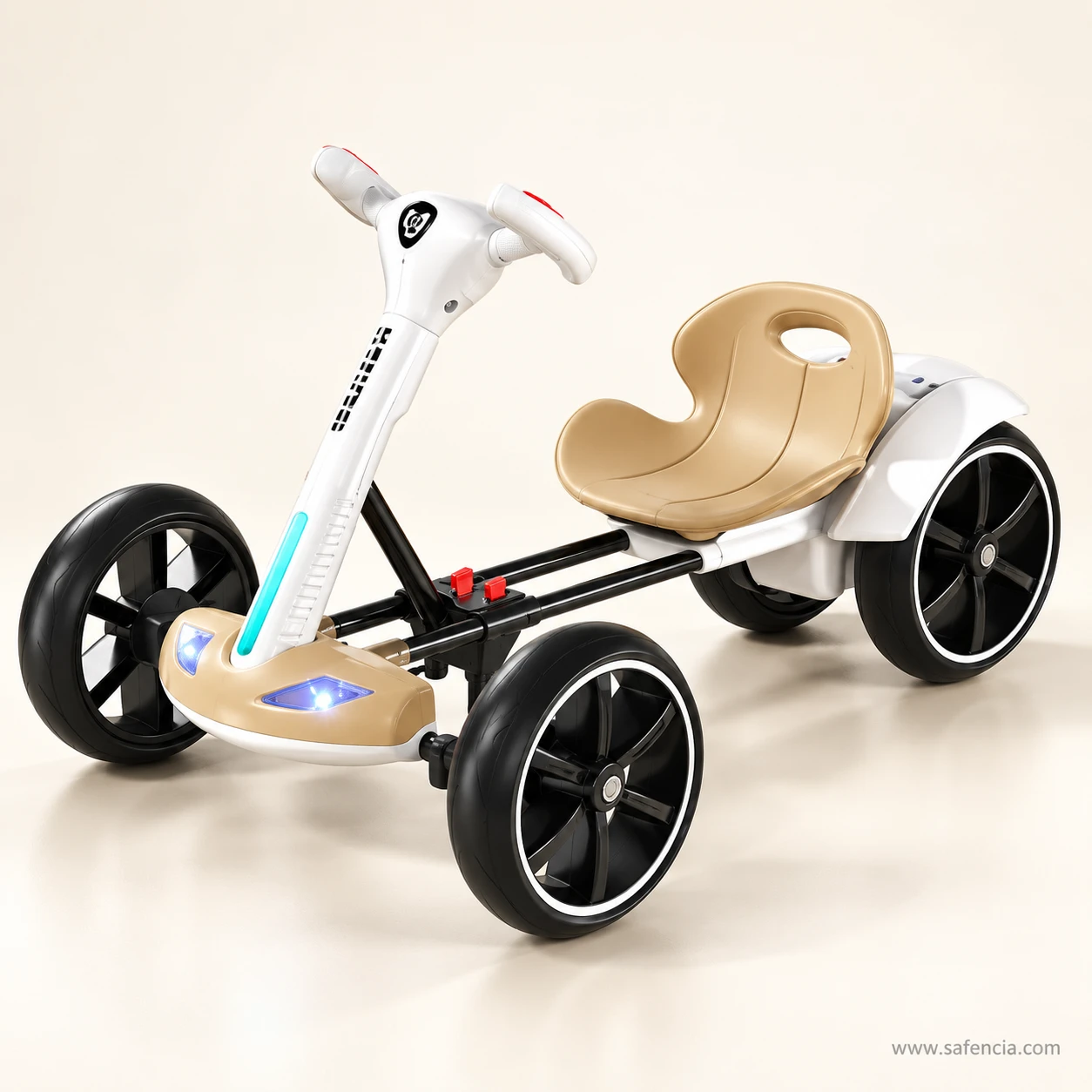 Beige and white kids electric drift kart with a light strip on the steering column