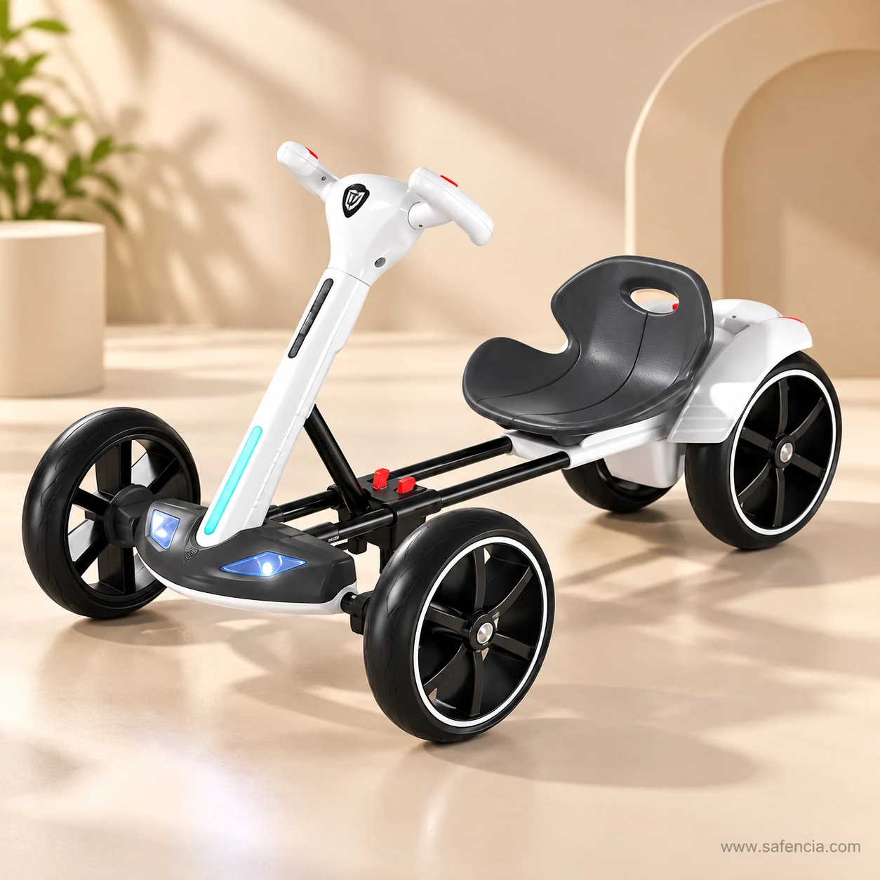 Black and white kids electric drift kart with a dark seat standing in a bright room