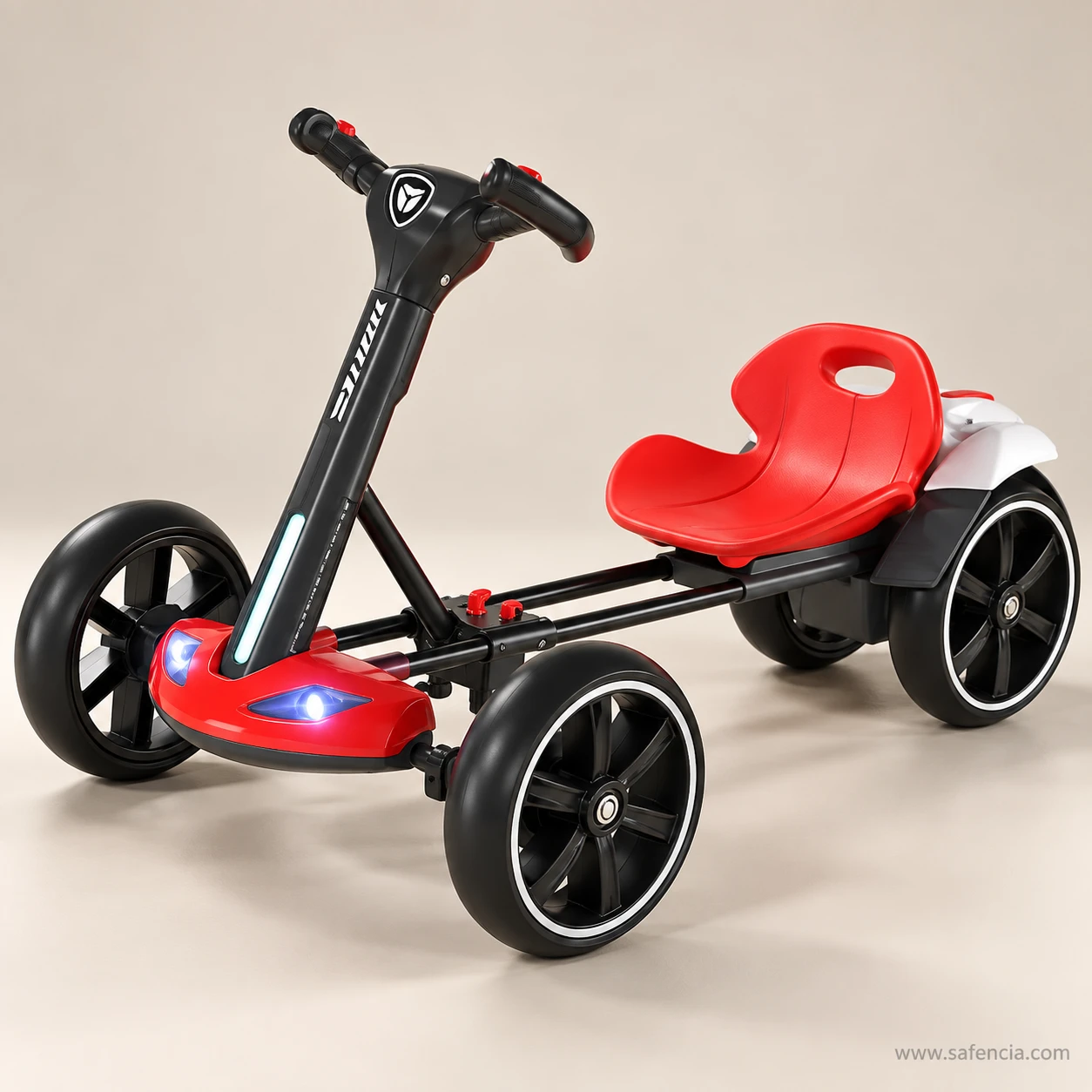 Red and black kids electric drift kart with foam wheels and a lit front panel