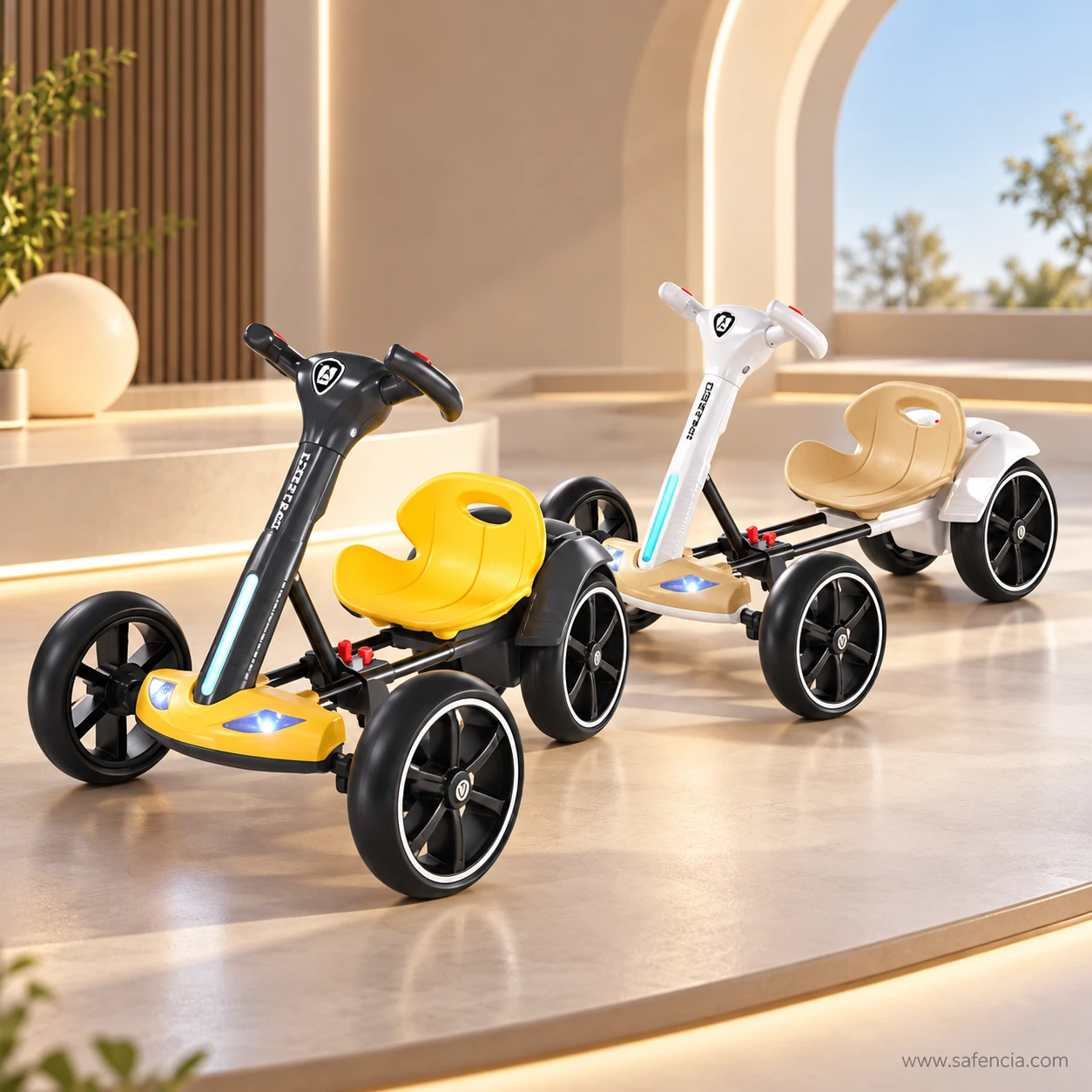 Two kids electric drift karts in yellow and beige standing side by side in a sunny hall