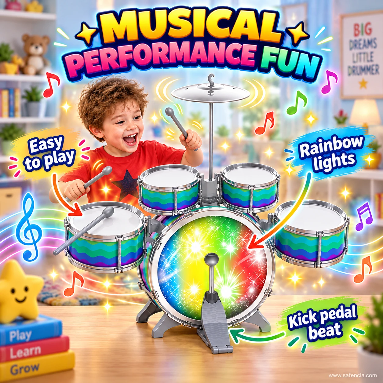 Child playing the kids jazz drum set with sticks while the bass drum glows and the kick pedal is used