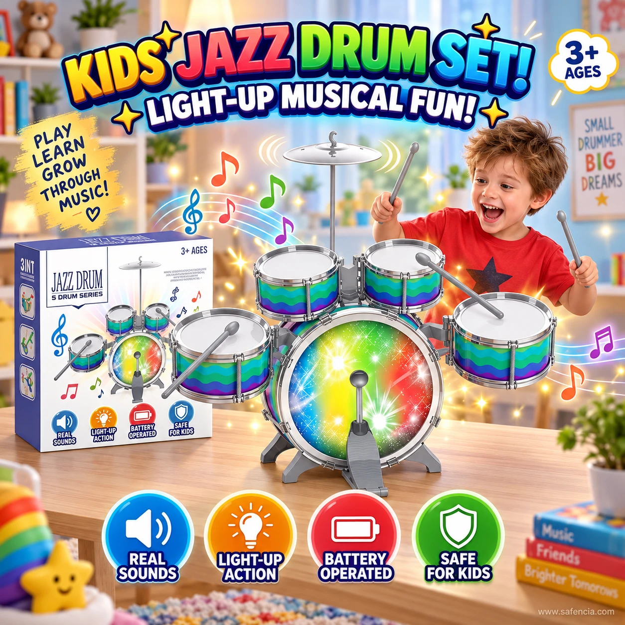 Kids jazz drum set showing the cymbal on its stand above the side drums and glowing bass