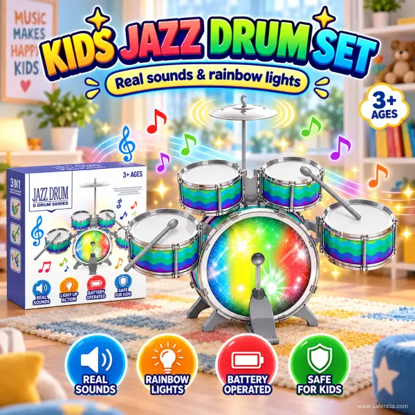 Kids Jazz Drum Set with 5 Drums, Cymbal, Foot Pedal and Light-Up Bass Drum
