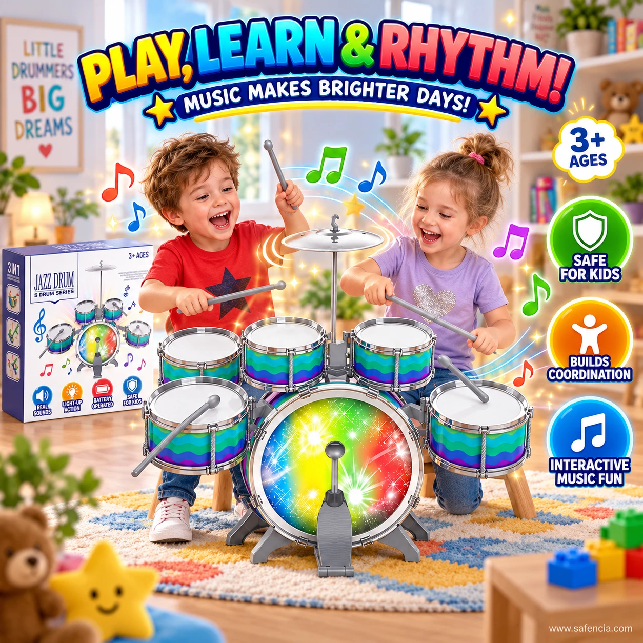 Two children playing the kids jazz drum set together in a playroom