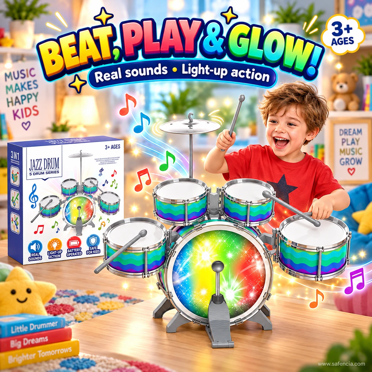 Kids jazz drum set in front of its Jazz Drum 5 Drum Series box marked 3 plus ages