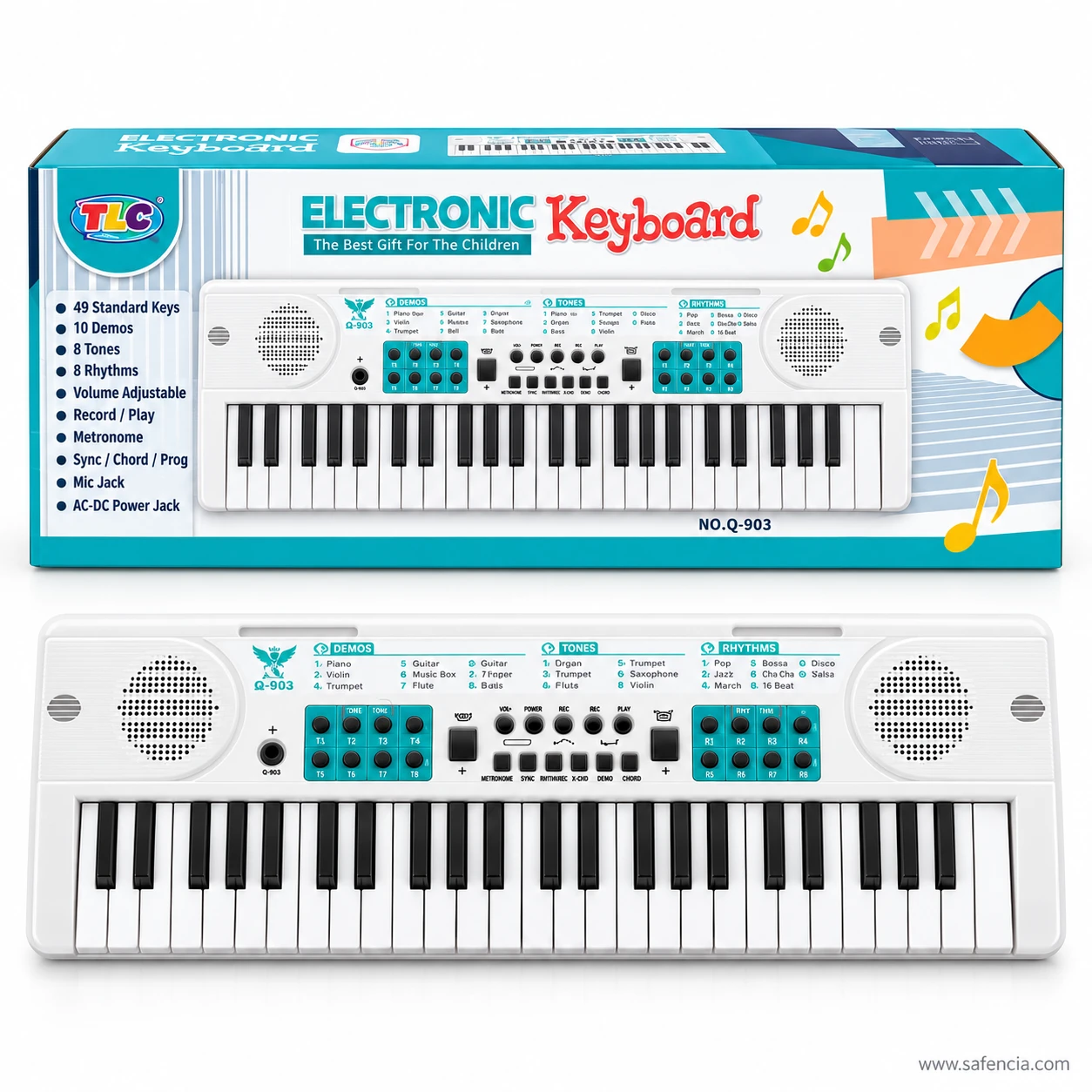 Front of the TLC Electronic Keyboard box marked NO.Q-903 above the white 49 keys keyboard piano