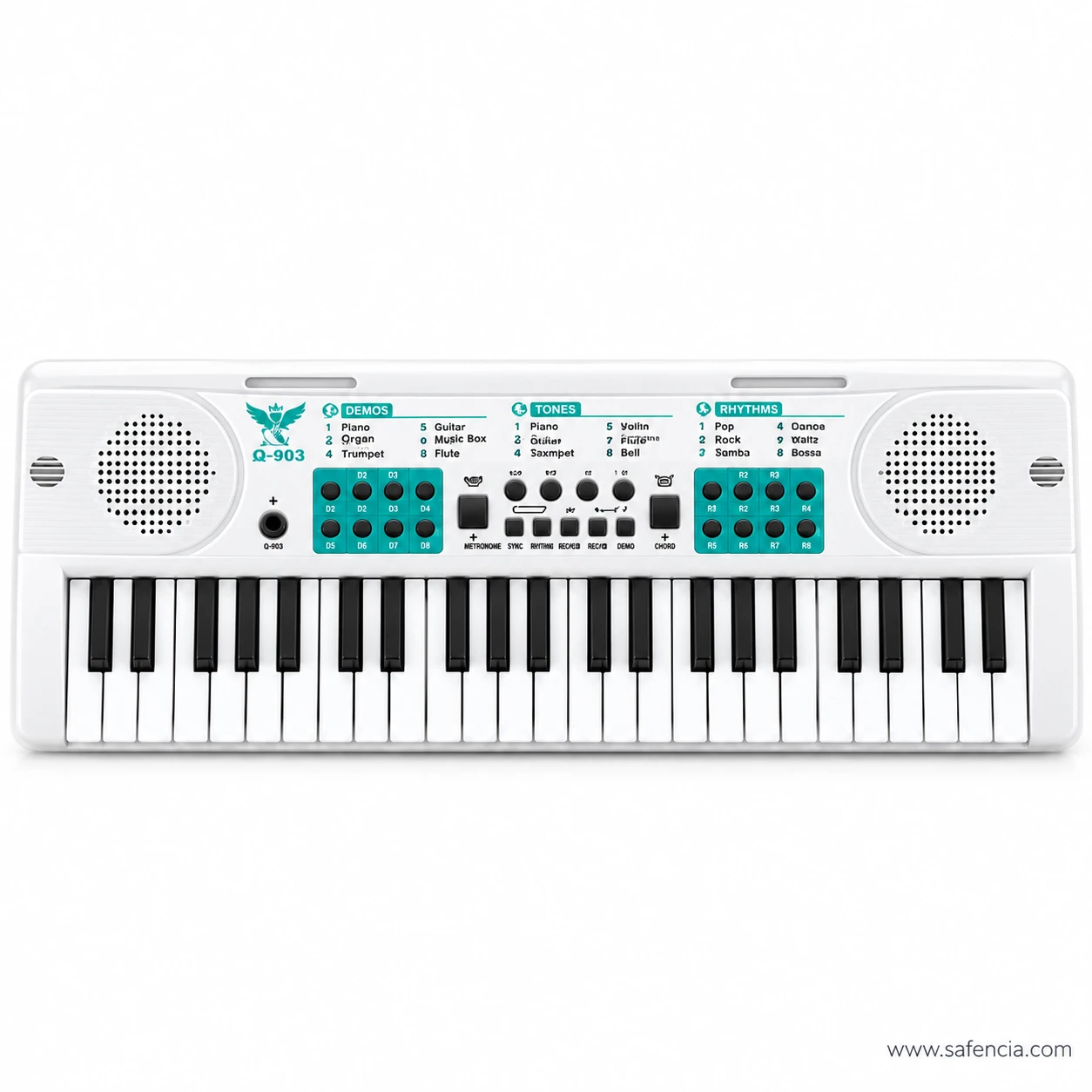 Front view of the white 49 keys kids keyboard piano with teal button pads and a speaker at each end