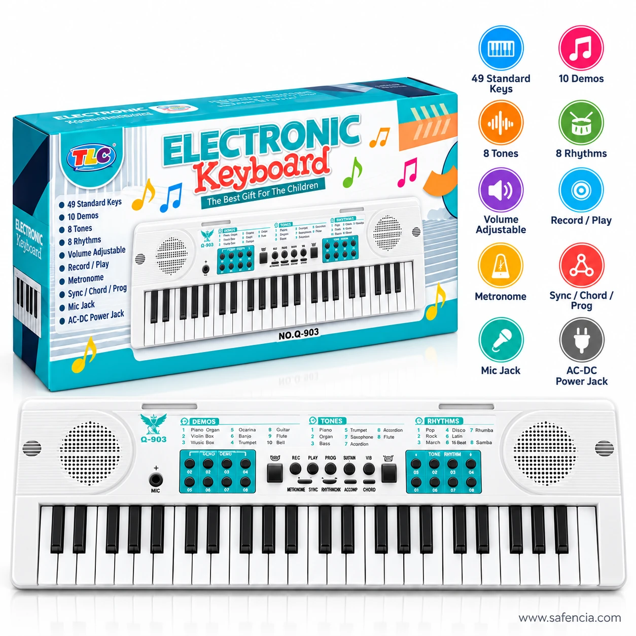 TLC Q-903 electronic keyboard box and feature icons beside the white 49 keys kids keyboard piano