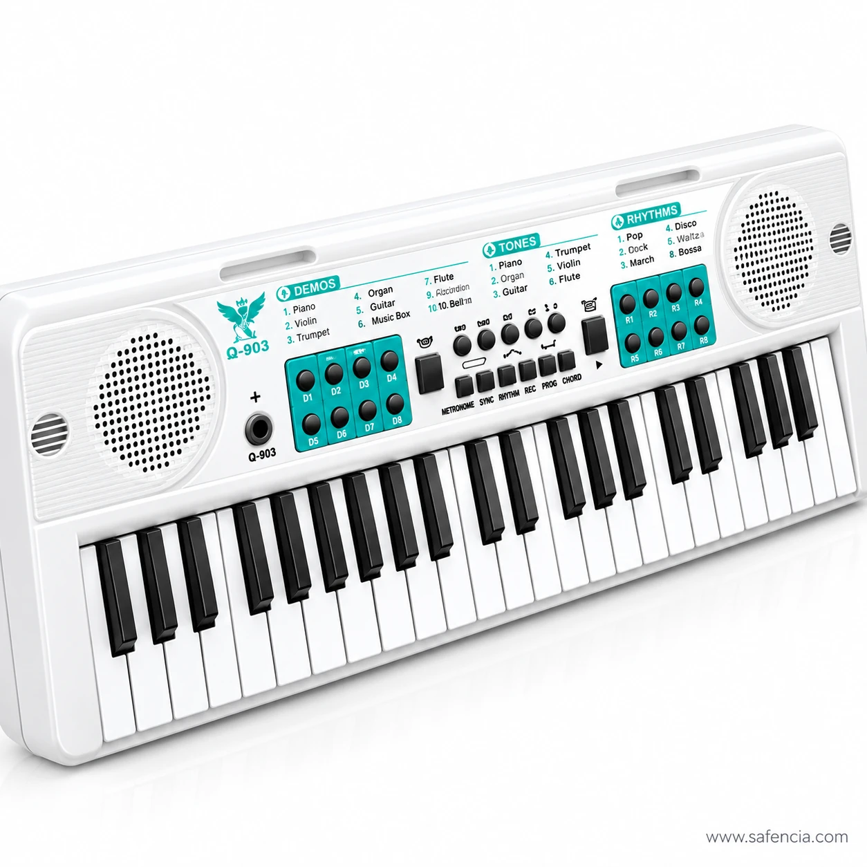 Angled close-up of the TLC Q-903 keyboard panel with tone and rhythm pads, metronome, record and chord buttons