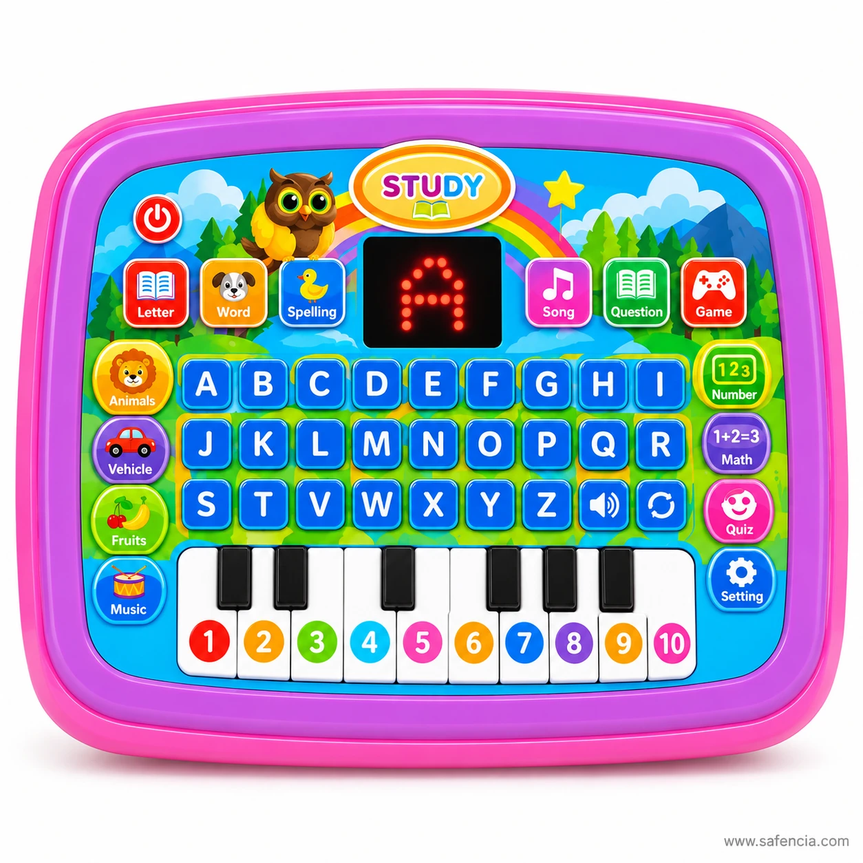 Straight front view of the kids learning tablet showing the Letter, Word, Spelling, Song, Question and Game buttons along the top