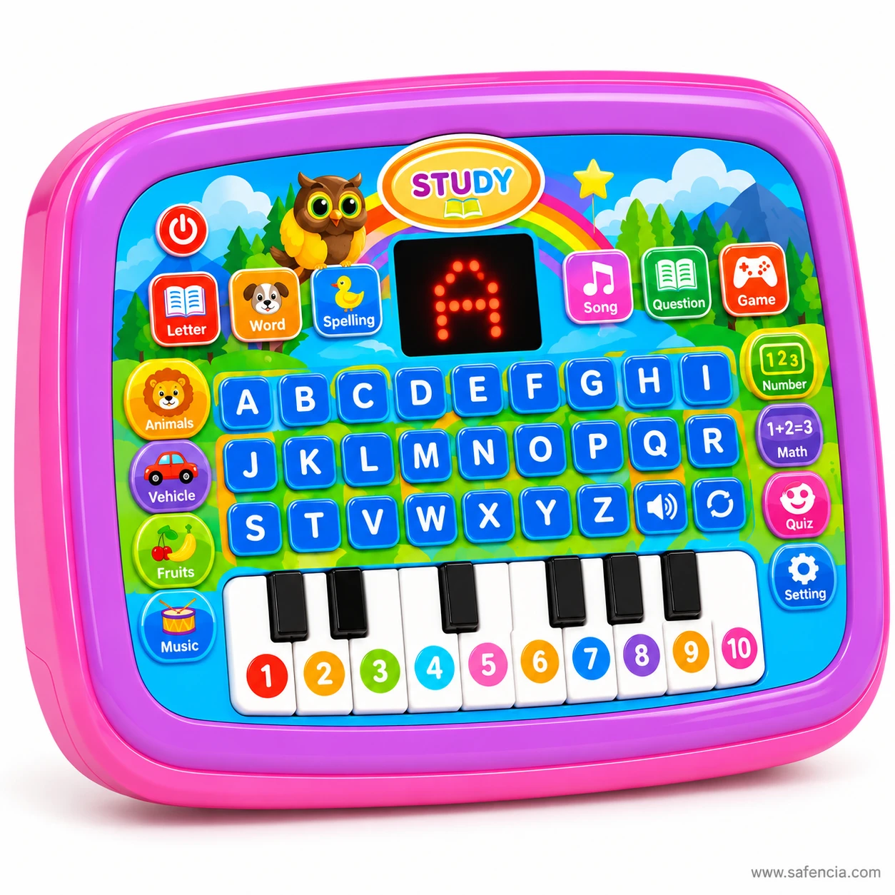 Front view of the pink learning tablet with the Number, Math, Quiz and Setting buttons running down the right-hand side