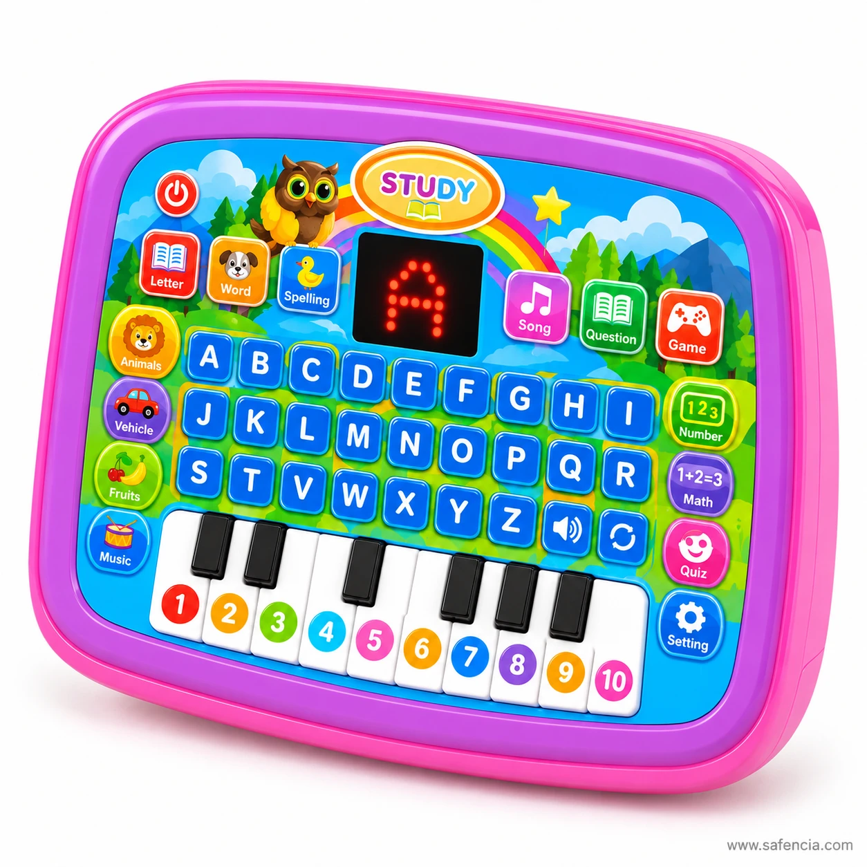 Kids learning tablet angled to the left with its ten white piano keys numbered 1 to 10 in different colours along the bottom