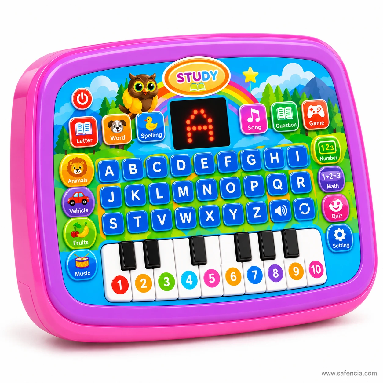 Kids learning tablet turned to the right, showing the depth of its rounded pink and purple frame around the printed keyboard