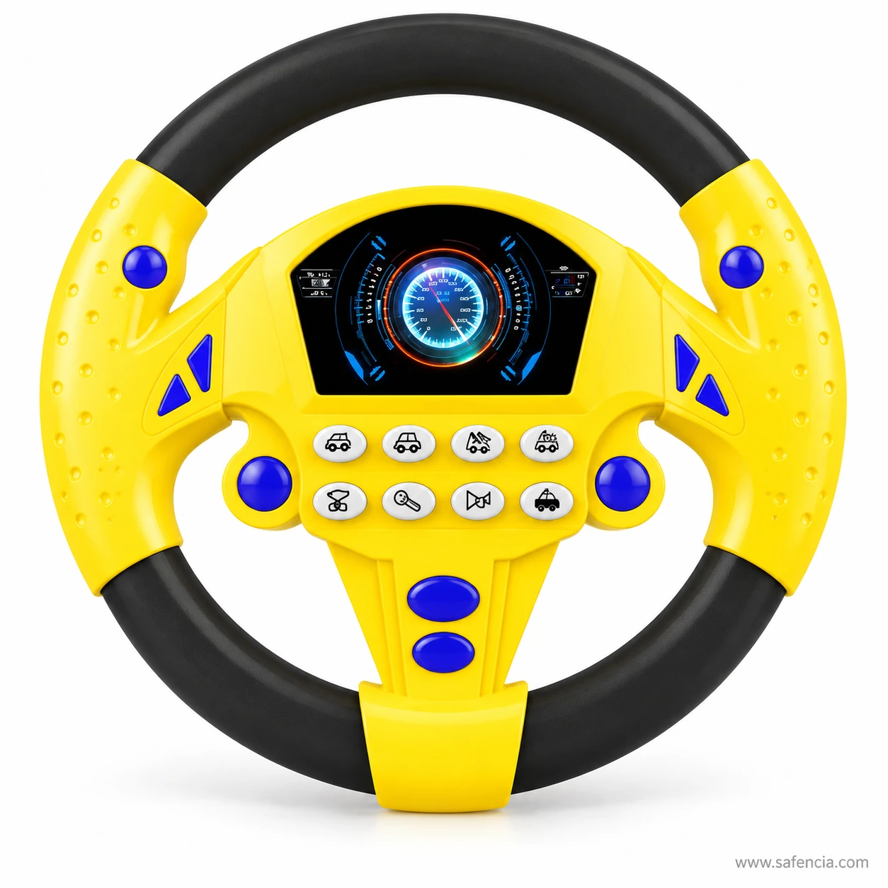 Front view of the yellow kids musical steering wheel with horn and vehicle sound buttons