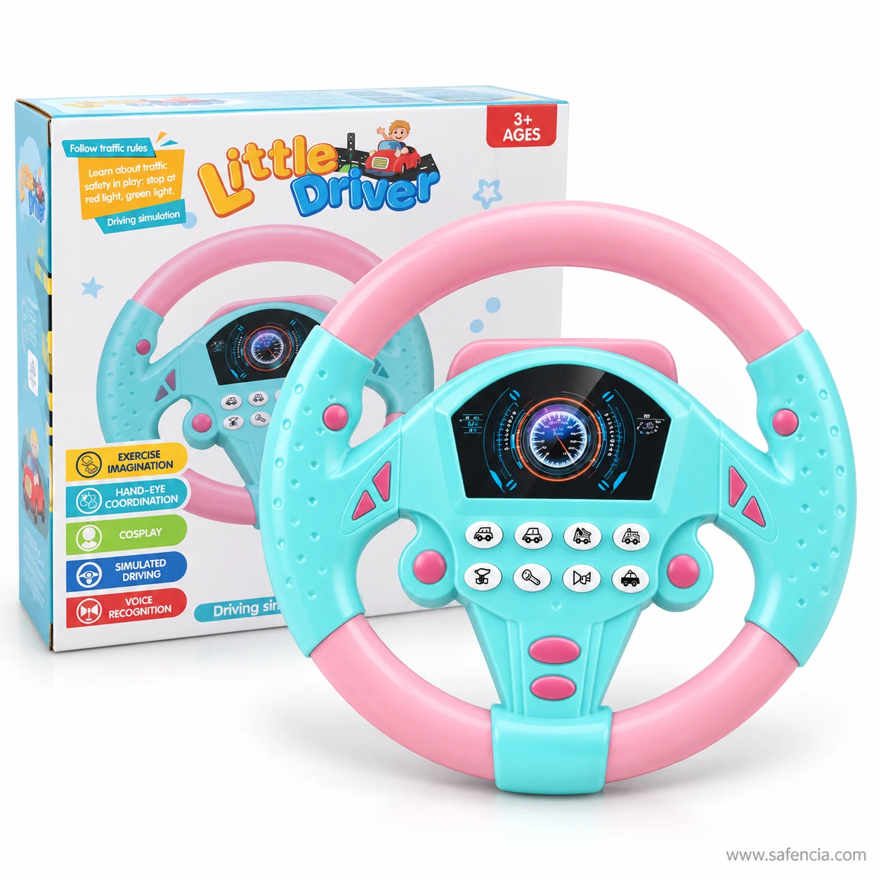 Teal and pink kids musical steering wheel in front of its Little Driver box marked 3 plus ages