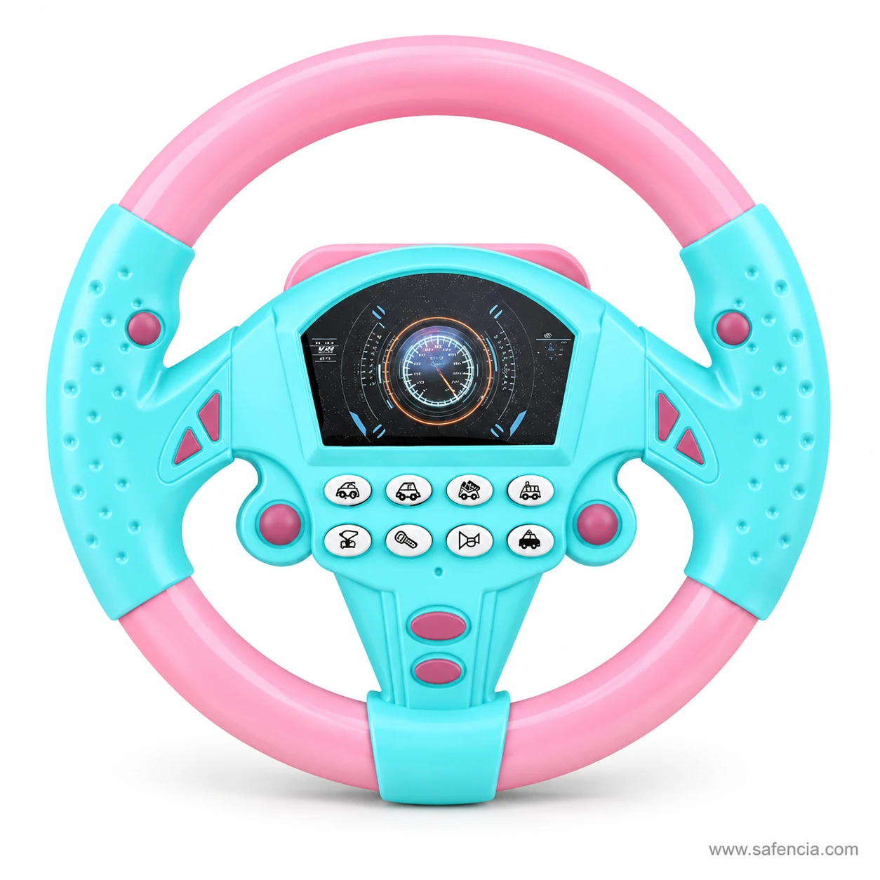 Teal and pink kids musical steering wheel front studio shot with pink buttons