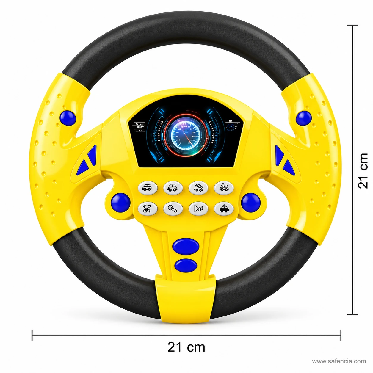 Kids musical steering wheel toy size guide showing 21 cm wide and 21 cm tall