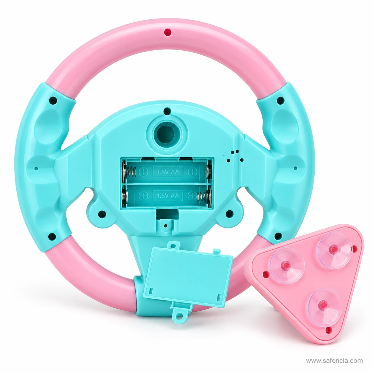 Back of the kids musical steering wheel with battery cover and three-suction-cup base