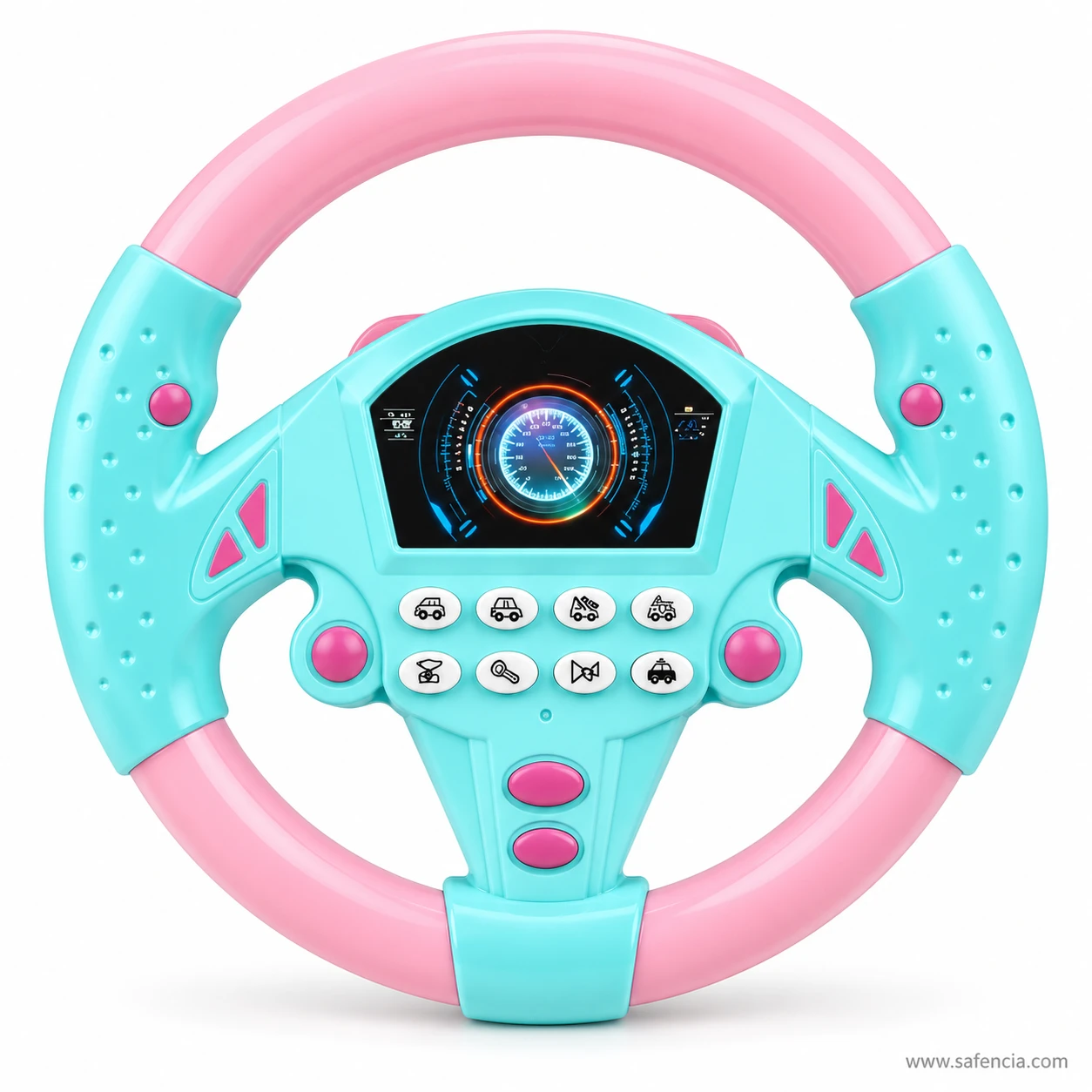Front view of the teal kids musical steering wheel with pink grip and buttons