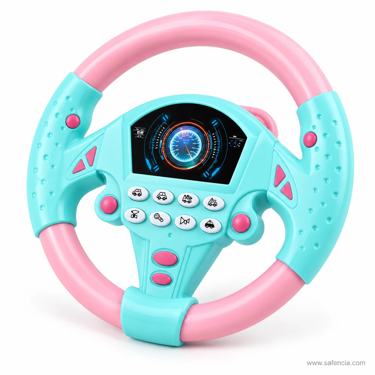 Teal and pink kids musical steering wheel toy with speedometer and sound buttons