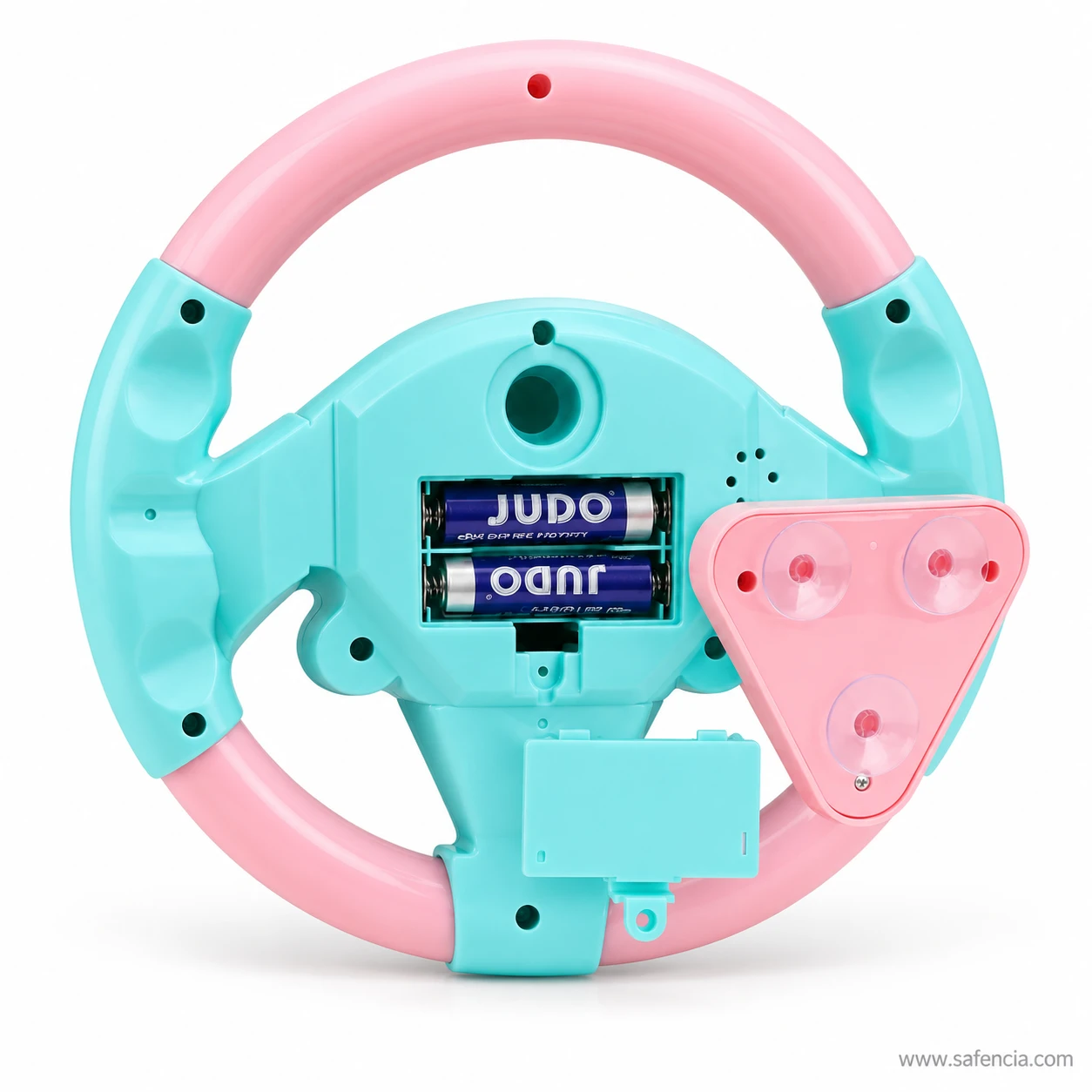 Back of the kids musical steering wheel with two batteries fitted and the suction-cup base