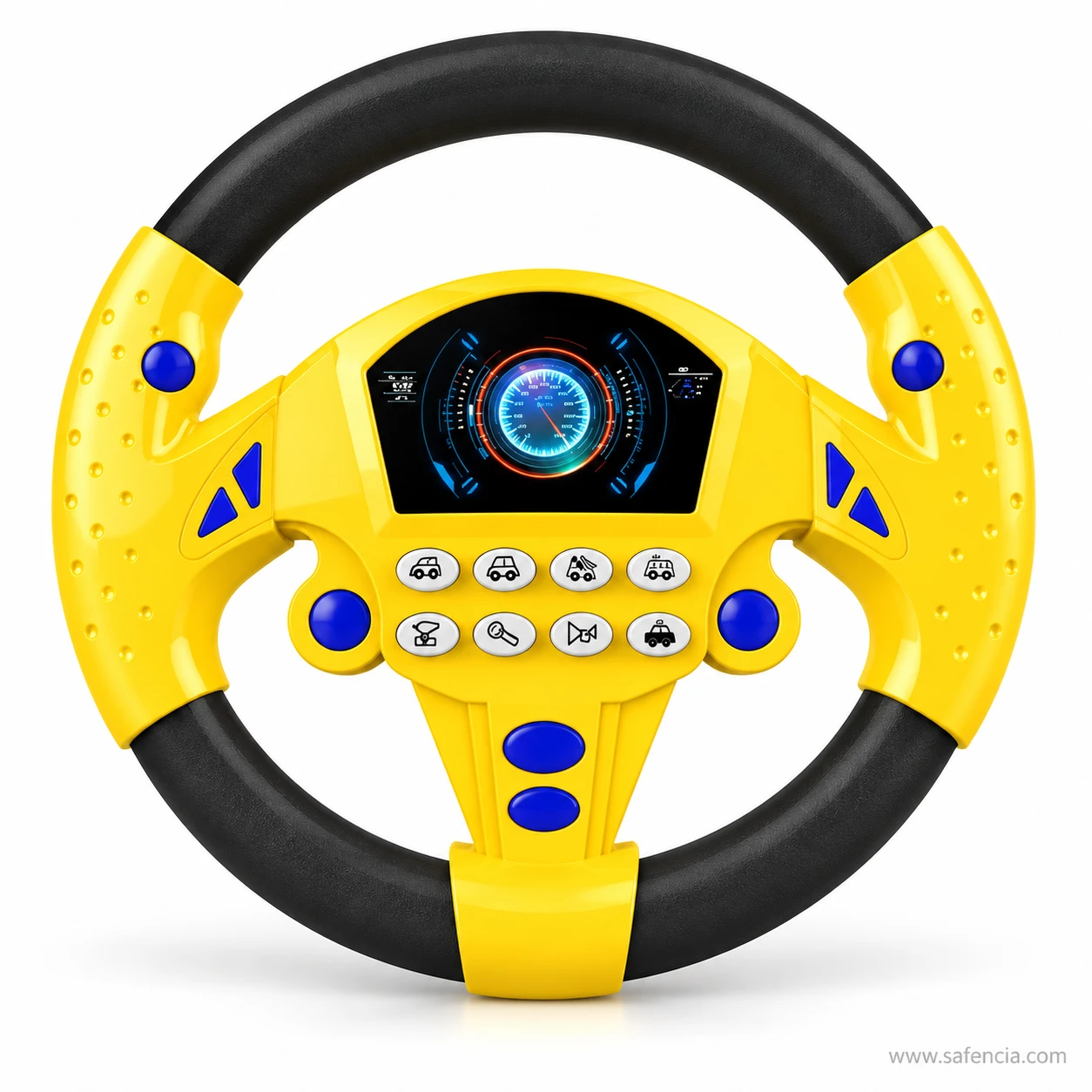 Yellow and black kids musical steering wheel with blue buttons and speedometer screen, studio shot