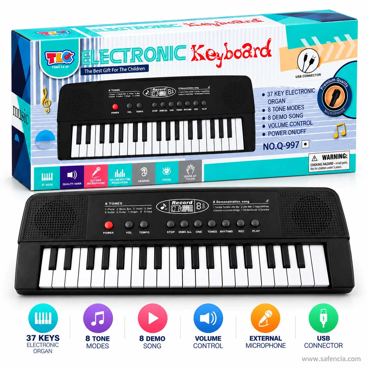 TLC Electronic Keyboard box No. Q-997 listing 37 key electronic organ, 8 tone modes, 8 demo songs and volume control