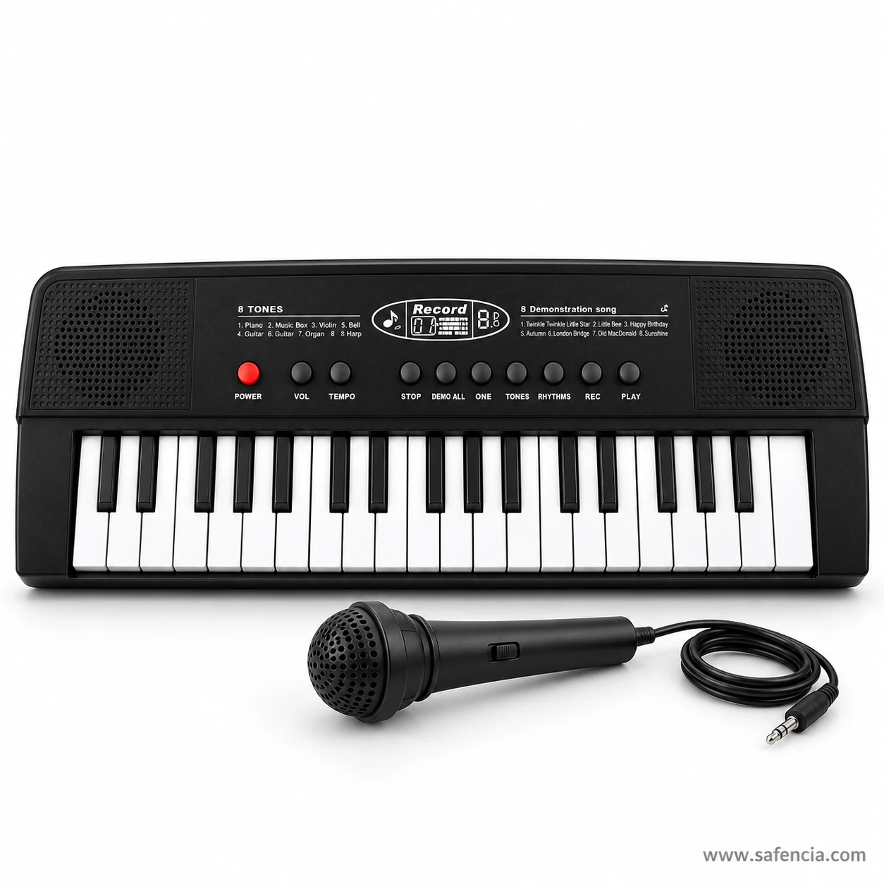 Front view of the TLC 37 keys kids piano with speaker grilles at both ends and a handheld microphone on a cable