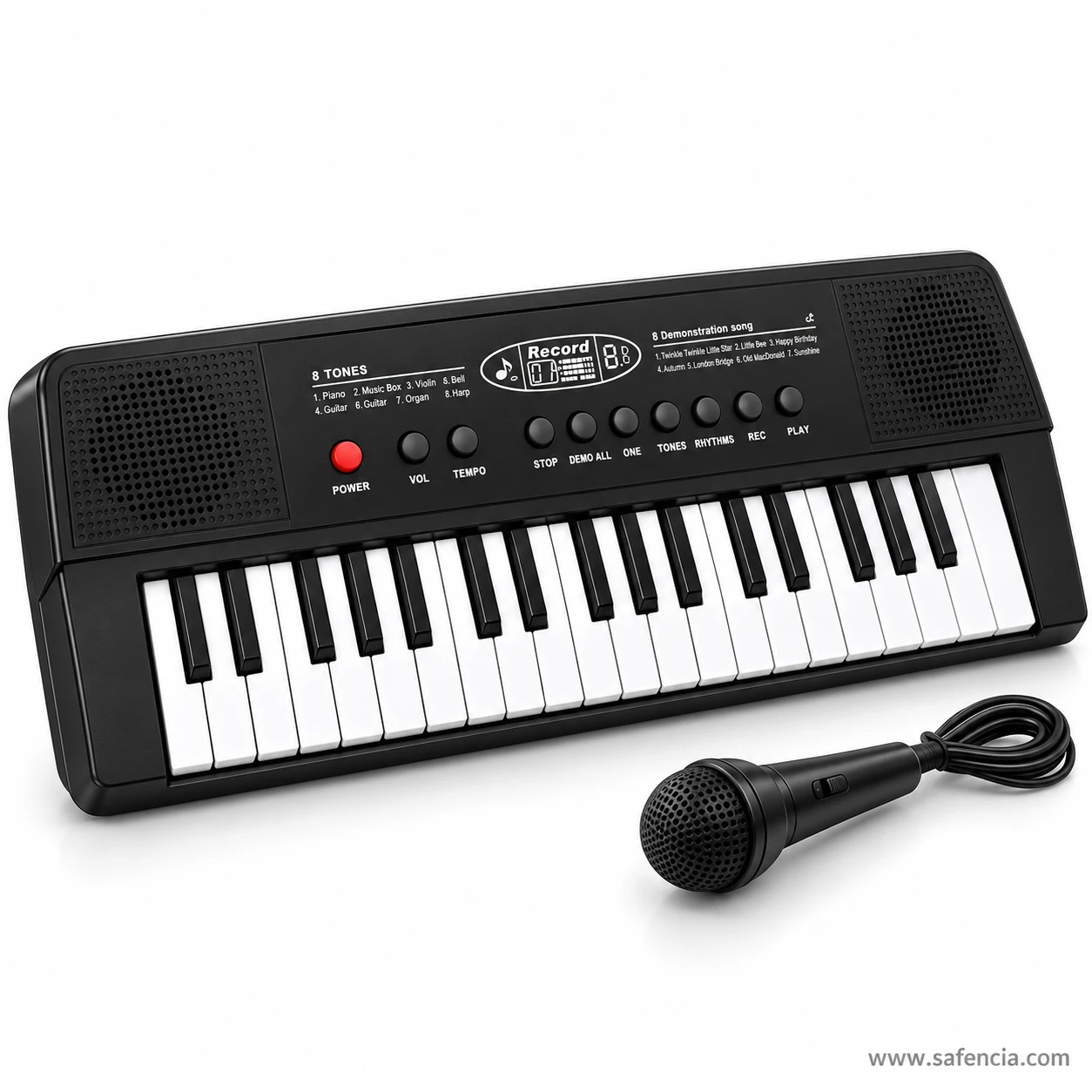 Black 37 keys electronic keyboard for kids from an angle with its Record display, red power button and wired microphone
