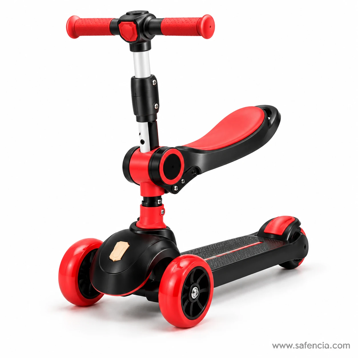 Black kids scooty with a red saddle seat, red wheels and a black handlebar