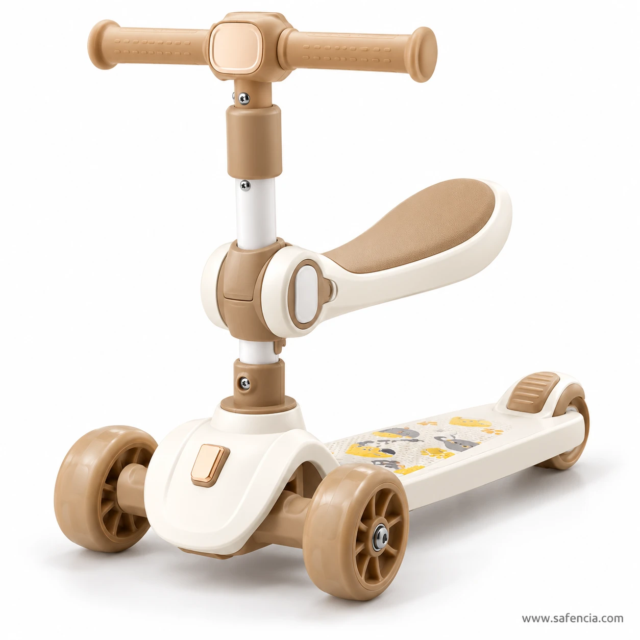 Cream and brown kids scooty with a brown saddle seat and brown wheels