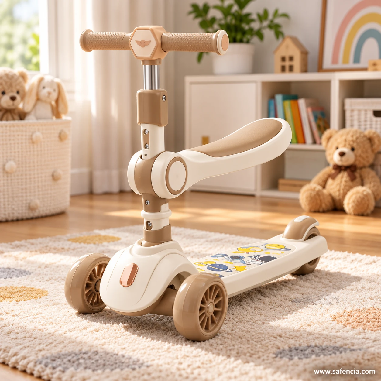 Cream and brown kids scooty with adjustable seat on a playroom rug beside soft toys