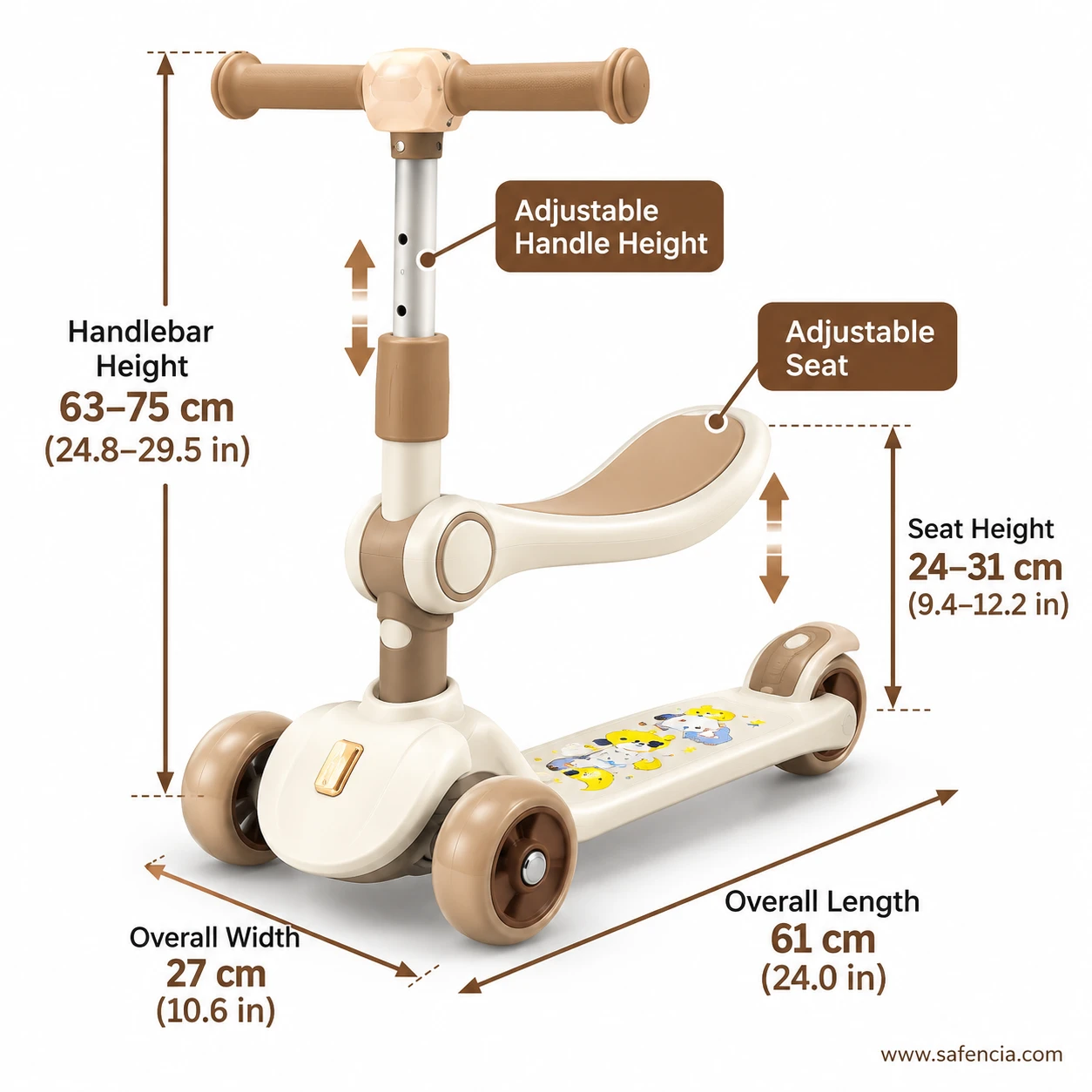 Cream and brown kids scooty with adjustable seat chart: 63-75 cm handle and 24-31 cm seat