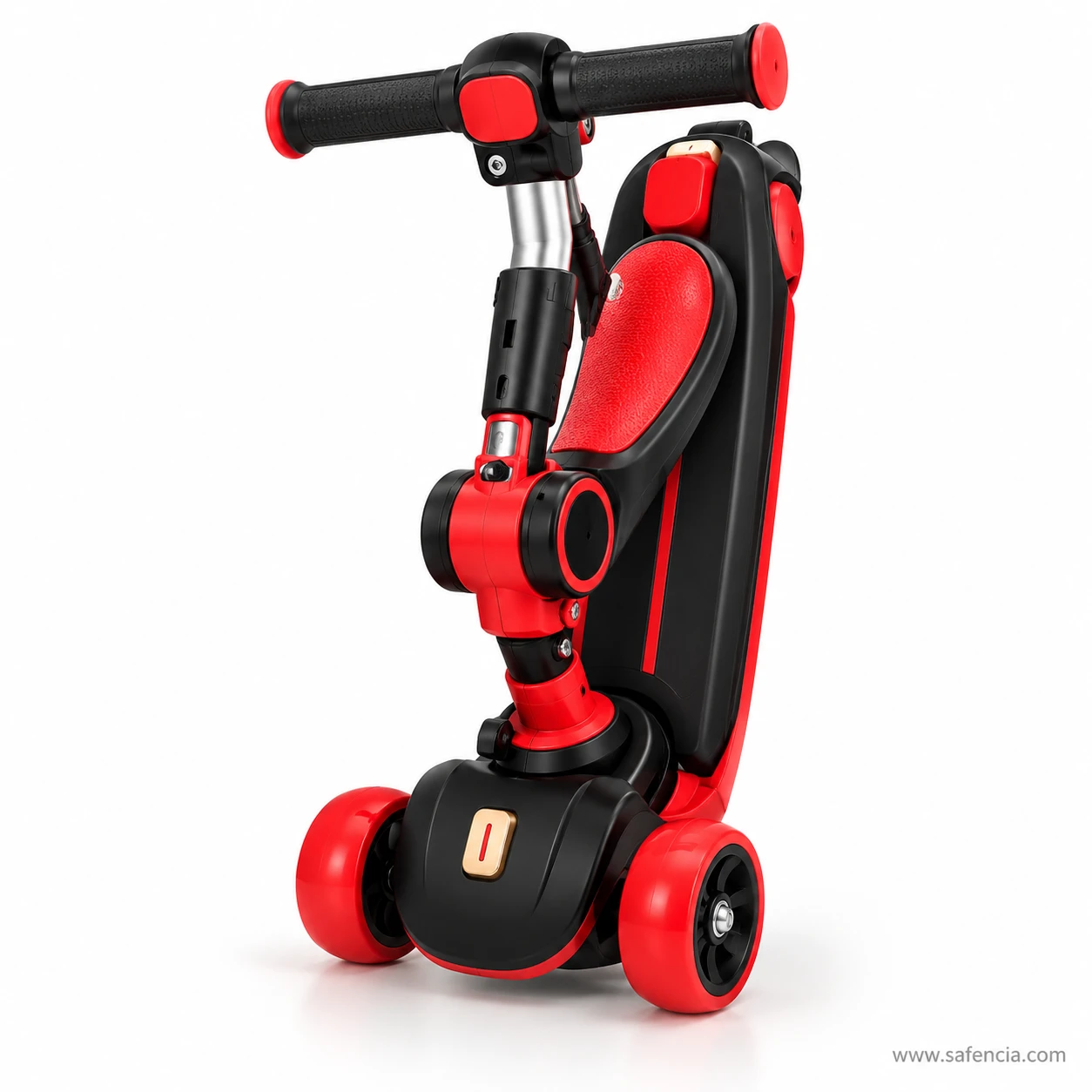 Red kids scooty with adjustable seat folded upright with the seat still fitted