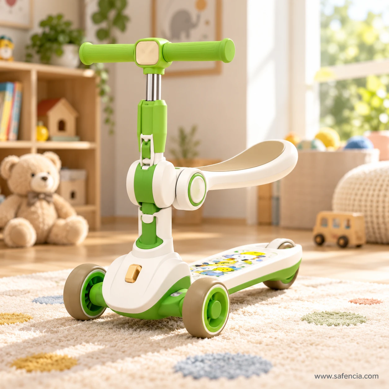 Green kids scooty with adjustable seat standing in a sunny playroom with a teddy bear