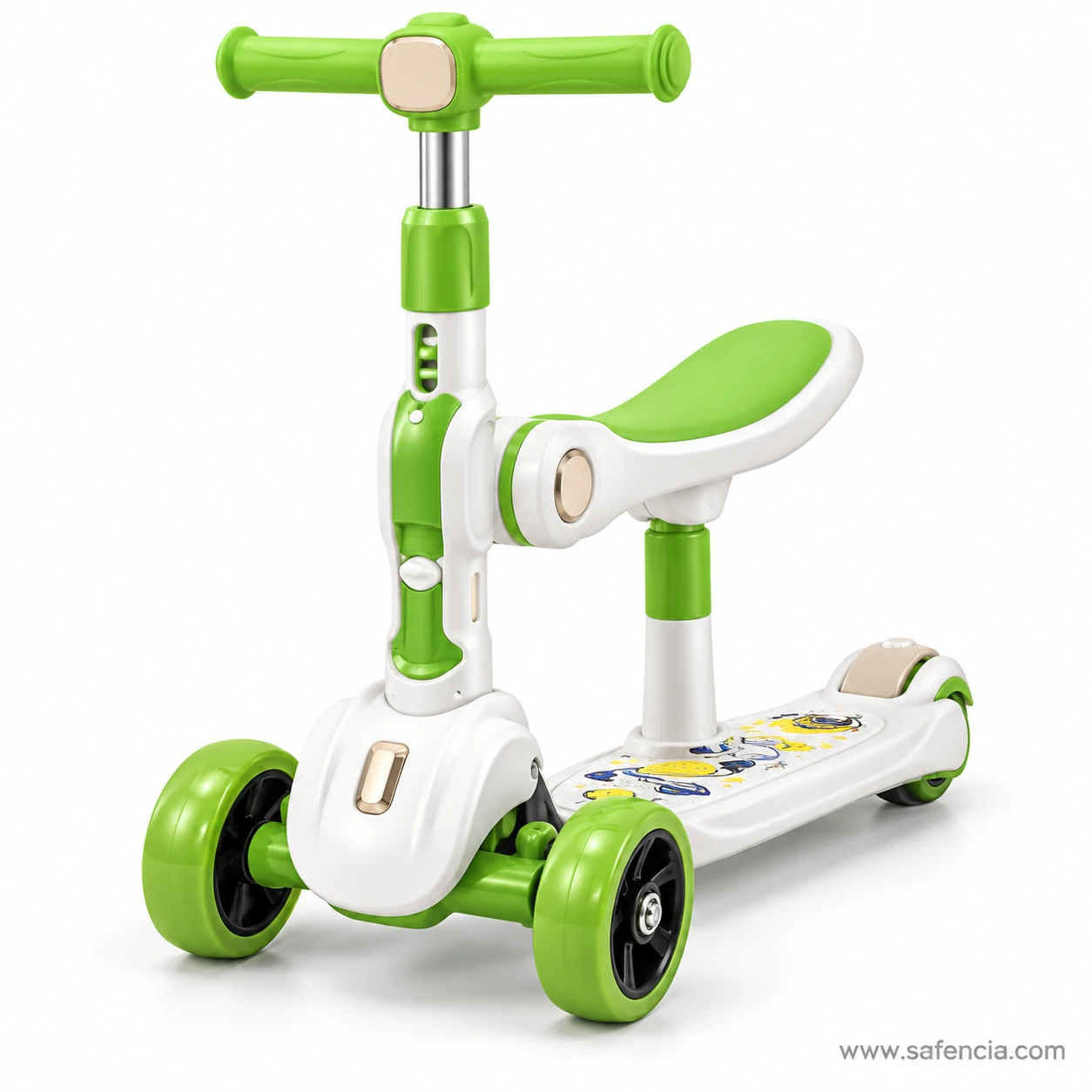Green and white kids scooty with a green saddle seat and a cartoon-print deck