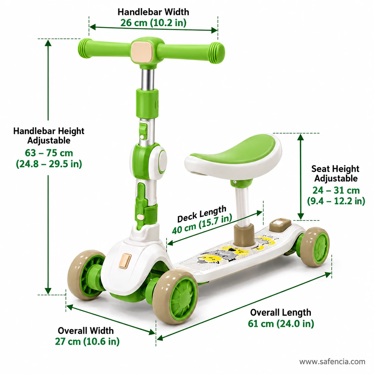 Size chart of the kids scooty with adjustable seat: 63-75 cm handle, 24-31 cm seat, 61 cm length