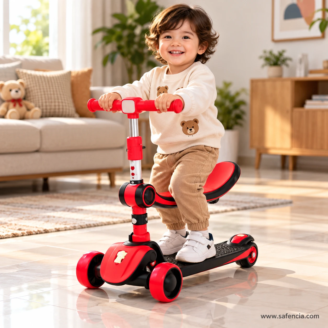 Smiling toddler sitting on the red kids scooty with adjustable seat and holding the handle