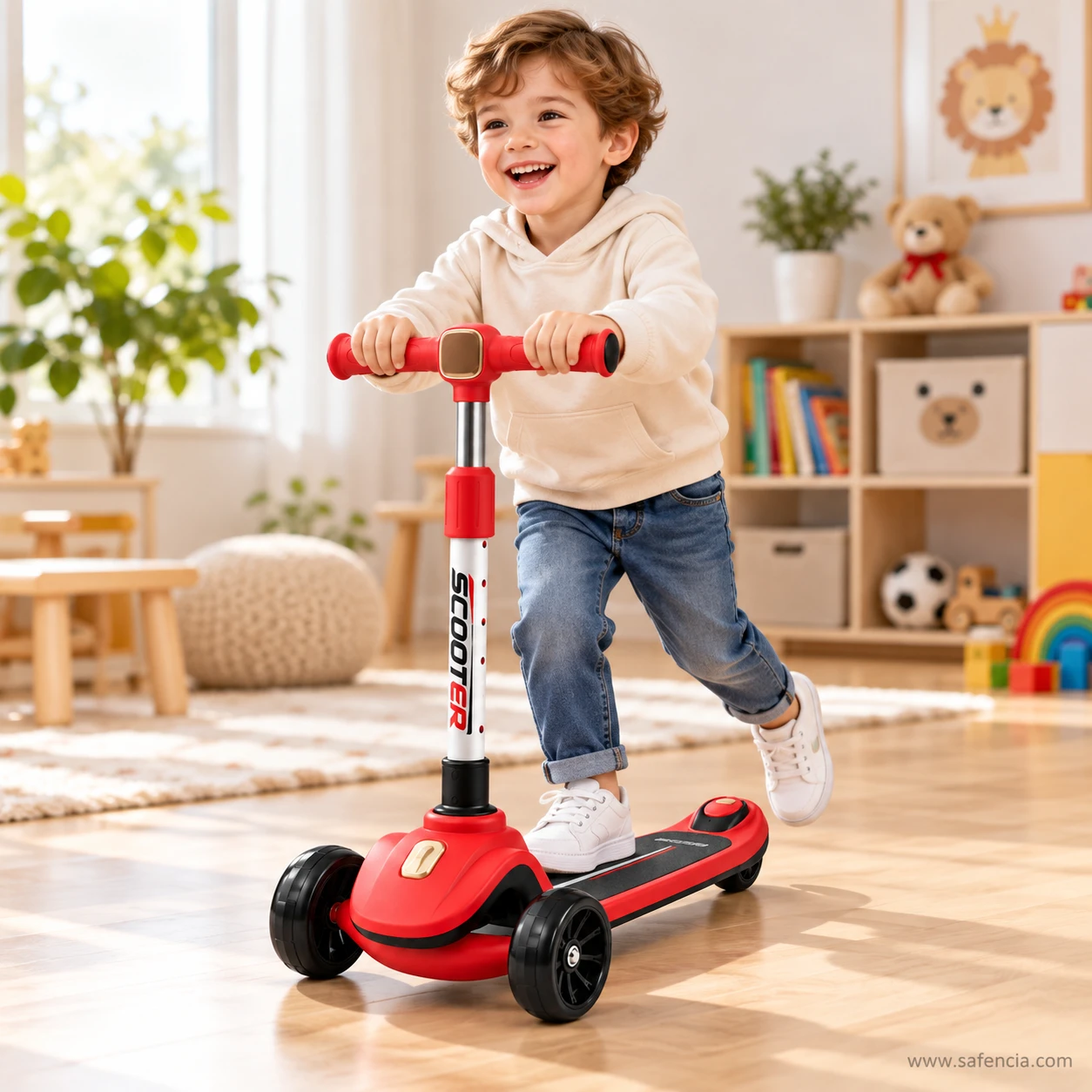 Laughing boy riding the red kids scooty with rear brake across a playroom
