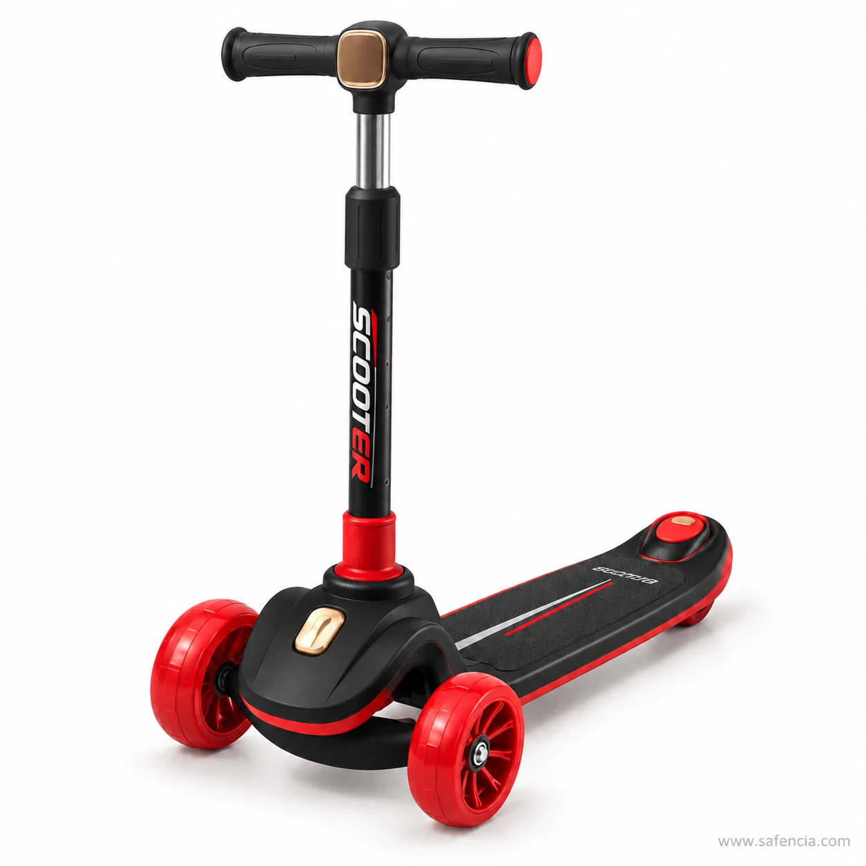 Black and red kids scooty with rear brake, red wheels and a black handlebar