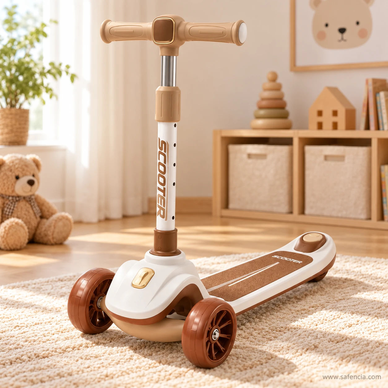 Brown kids scooty with rear brake standing in a playroom with a teddy bear and shelves