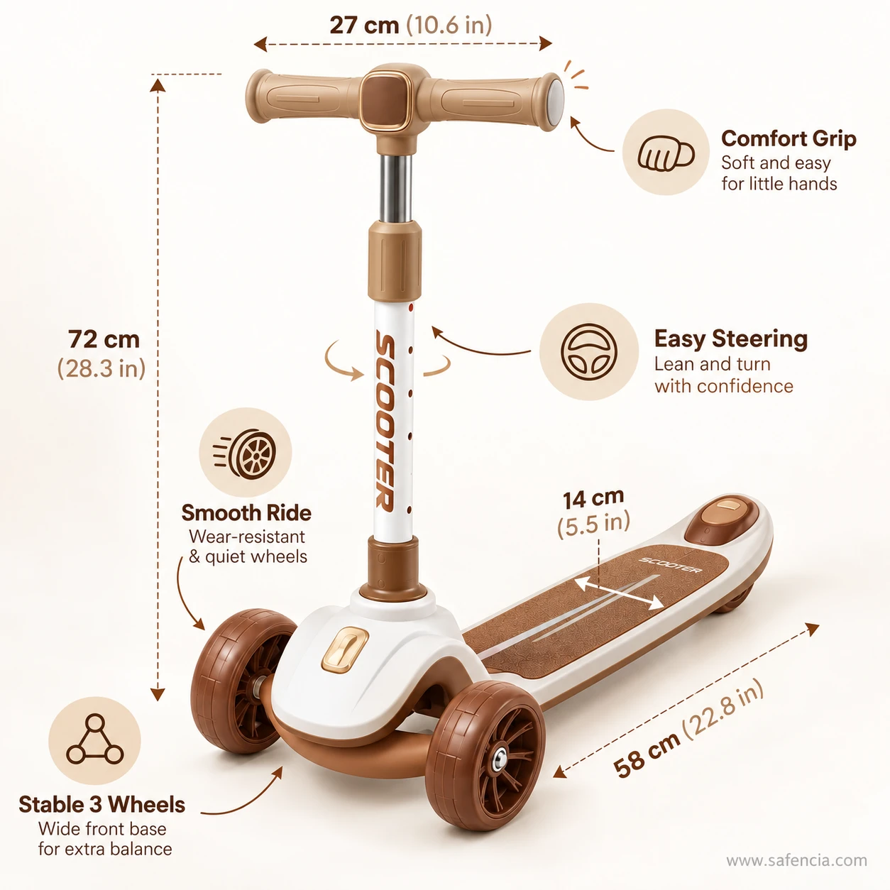 Brown kids scooty with rear brake size chart: 72 cm handle, 27 cm bar, 14 cm deck, 58 cm long