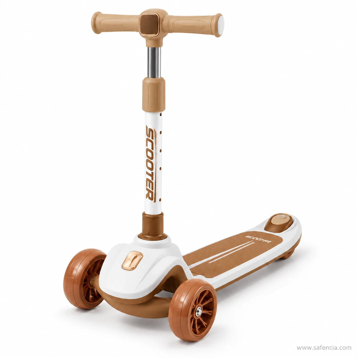 Chocolate brown and cream kids scooty with rear brake and a cartoon-print deck