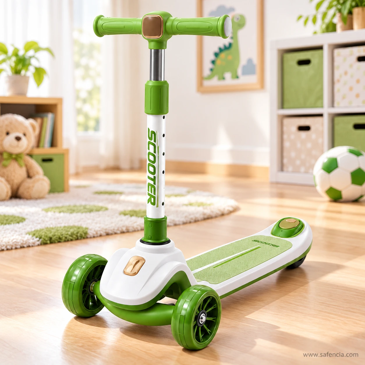 Green kids scooty with rear brake on a playroom rug beside a football and toy shelves