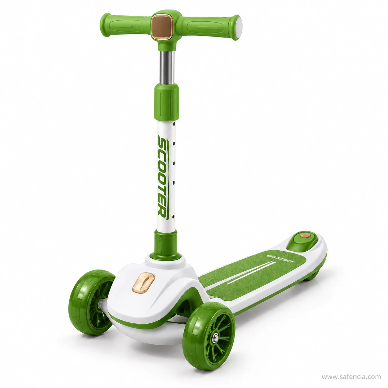 Leaf green and white kids scooty with rear brake, green wheels and a printed deck