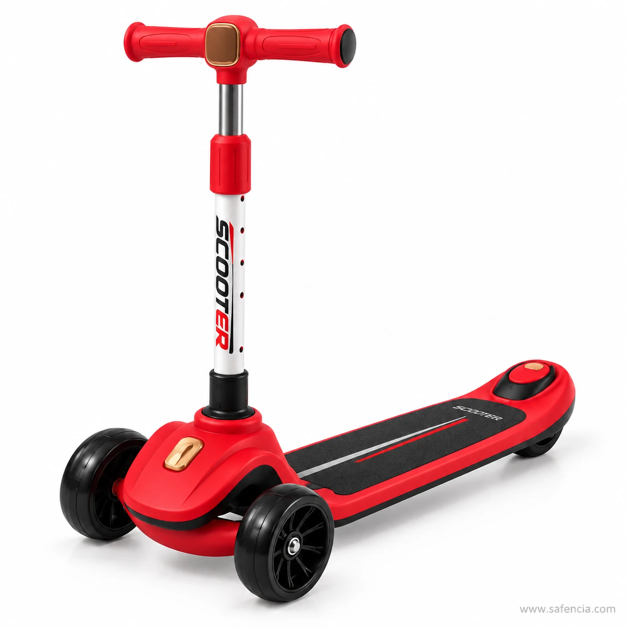 Red kids scooty with rear brake from the side showing the black grip deck and red foot brake